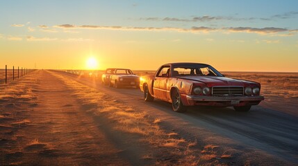 Abandoned cars in rows at sunset. - obrazy, fototapety, plakaty