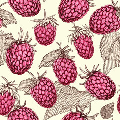 Sketch style raspberries with abstract elements. Vector seamless pattern. Hand drawn illustrations