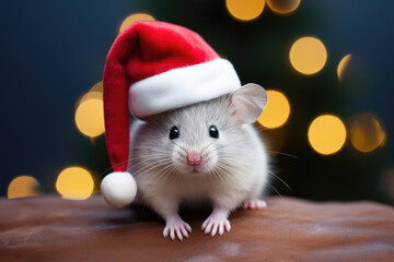 Fototapeta na wymiar Fluffy mouse, hamster in santa claus hat