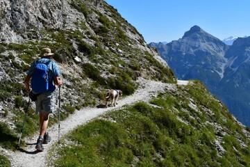 Naklejka premium Mann und sein Lagotto Romagnolo Hund wandern im Stubaital 