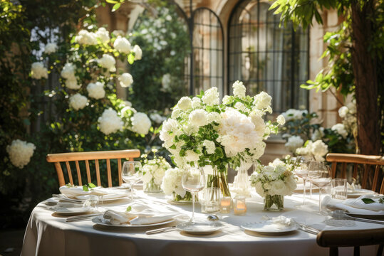 Elegant wedding reception with white table setting, floral arrangement of white flowers