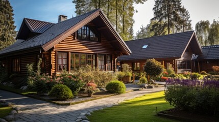 Fototapeta na wymiar Pension with a rustic log cabin exterior and a warm, inviting interior