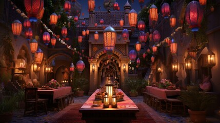 Fototapeta premium Moroccan-inspired birthday oasis with vibrant balloons, mosaic-patterned cake, and lantern candles.