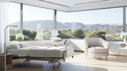 Hospital room with a serene nature view