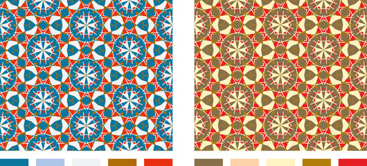 Geometric Spoke Vector Seamless Repeating Pattern Set, Warm, Cool, Colorways