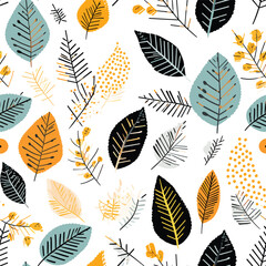 Fototapeta na wymiar Vector autumn seamless pattern with fall leaves and berries. Yellow and white colors. Fall endless background