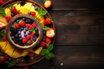 Fruit pudding, jelly dessert on plate with fresh fruit. Dark background, top view, copy space