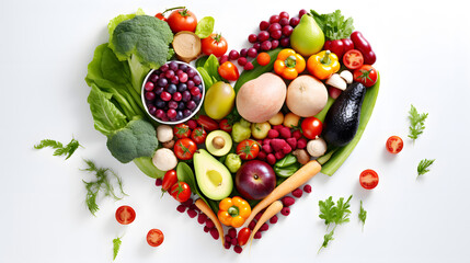 Fresh fruits and vegetables on isolated white background. Healthy food