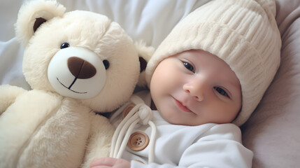 A little baby with a teddy bear lying there smiling.