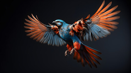 Obraz premium A colorful bird flies in the air against a gray background