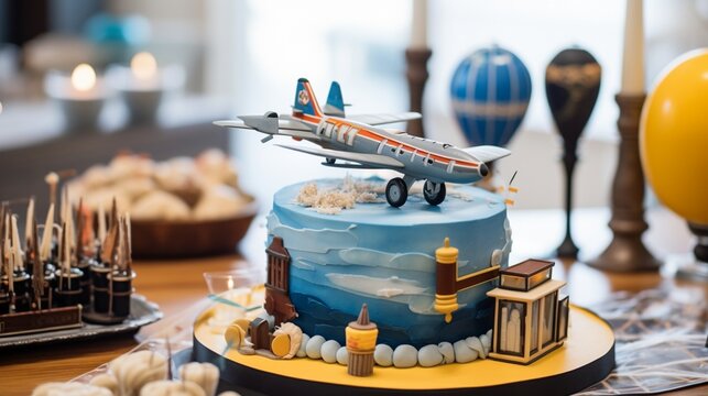 Picture a vintage aviation-themed birthday celebration with balloons resembling retro airplanes, a cake adorned with aviation motifs, and candles in vintage airplane engine shapes