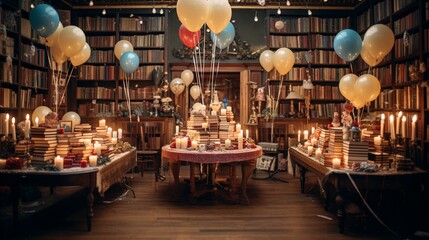 Picture a vintage Parisian bookstore-themed birthday scene with balloons resembling bookshop facades and cozy reading nooks, a cake adorned with literary motifs, and candles in vintage book displays