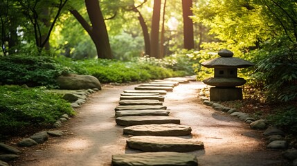 A tranquil Zen path leading to a tranquil meditation spot - obrazy, fototapety, plakaty