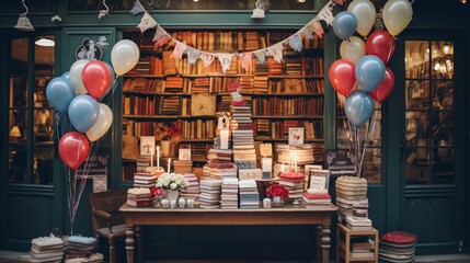 Picture a vintage Parisian bookstore-themed birthday scene with balloons resembling bookshop facades and cozy reading nooks, a cake adorned with literary motifs, and candles in vintage book displays - obrazy, fototapety, plakaty