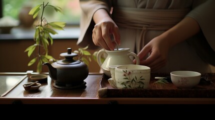 A Zen tea ceremony with a traditional Japanese tea set
