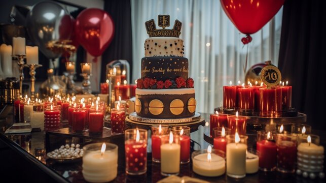 Picture a vintage Hollywood film premiere-themed birthday celebration with balloons resembling movie reels and film cameras, a cake adorned with Hollywood stars, and candles in vintage film canisters