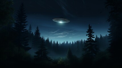 A UAP sighting over a tranquil, moonlit forest