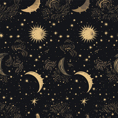 Vector dark magic seamless pattern with moon and stars. Mystical esoteric background for design of fabric, packaging, astrology, phone case, yoga mat,