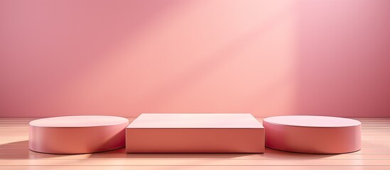 Empty stage with three white rectangular podiums on a pastel pink and gold background used for displaying cosmetic product packaging mockups