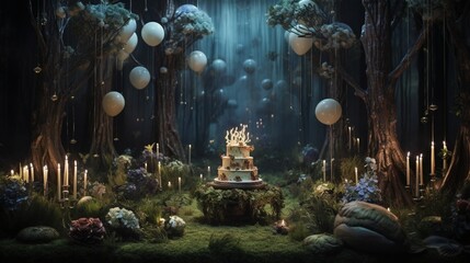 Visualize a mystical forest-themed birthday bash with balloons resembling magical creatures, a cake adorned with enchanted forest details, and candles that flicker like ethereal fireflies