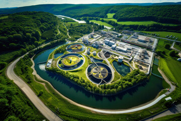 An aerial view of a wastewater treatment plant in the middle of a river - 652936106