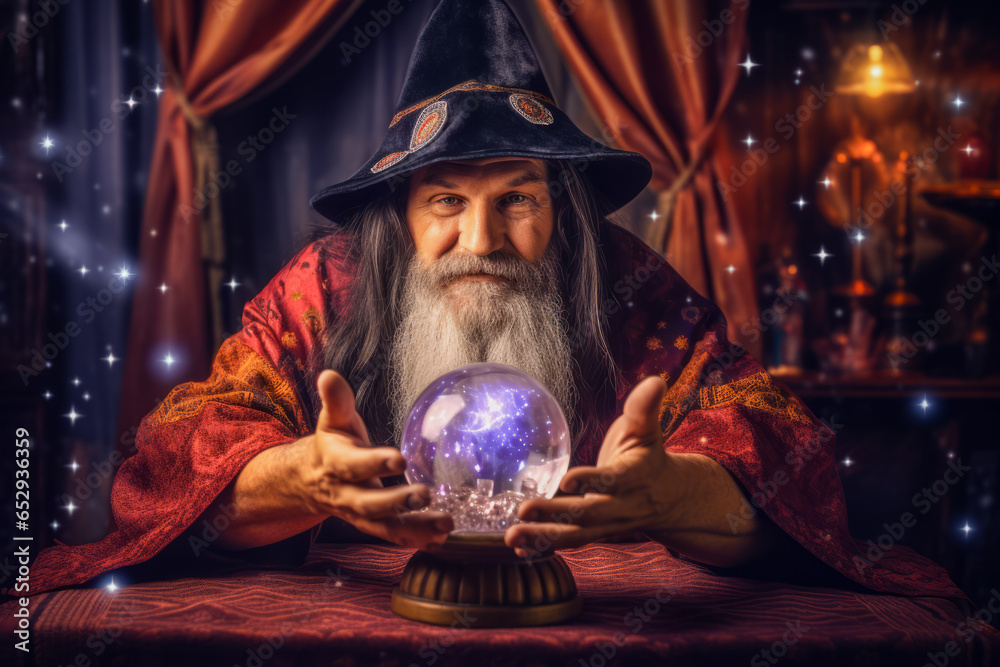 Wall mural Elderly wizard magician astrologist in wide-brimmed hat gazes into a crystal ball, predicting the future amid a mystical, fairytale-like setting.