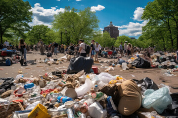 People gathered around a pile of trash in a park