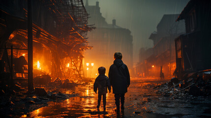 Kinder starren auf zerstörte brennende Gebäude in einer Stadt im Krieg, Generative AI - obrazy, fototapety, plakaty