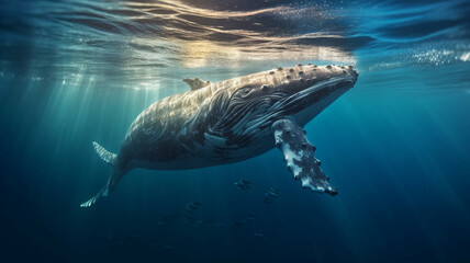 A Baby Humpback Whale Plays Near the Surface in Blue Water.generative ai - obrazy, fototapety, plakaty