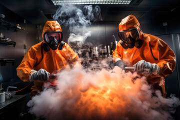 two scientists in a chemical laboratory are conducting experimen