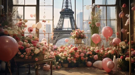 Foto op Plexiglas Visualize a vintage Parisian flower market birthday bash with balloons resembling flower stalls and Eiffel Tower vistas, a cake adorned with floral patterns, and candles in antique flower vases © yasi arts