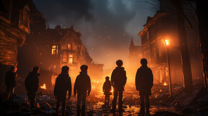 Familie starrt auf zerstörte brennende Gebäude in einer Stadt im Krieg, Generative AI - obrazy, fototapety, plakaty