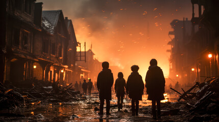 Familie starrt auf zerstörte brennende Gebäude in einer Stadt im Krieg, Generative AI - obrazy, fototapety, plakaty