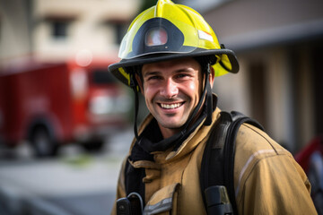 Photo of a cheerful firefighter in full gear wearing a fire helmet - 652936544