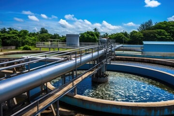 A wastewater treatment plant with pipes and water