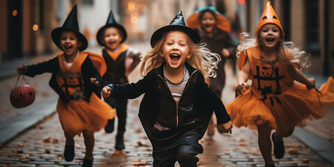 children have fun in the street during halloween party