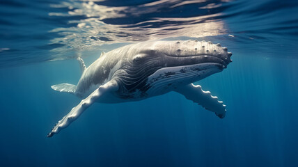 A Baby Humpback Whale Plays Near the Surface in Blue Water generative ai
