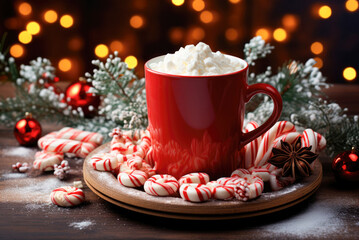 Obraz na płótnie Canvas Hot Christmas cocoa drink with marshmallows and lollipops in a red mug on a background of lights