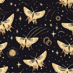 Vector seamless pattern with moon moth and stars. Contemporary composition. Trendy texture for print, textile, packaging.