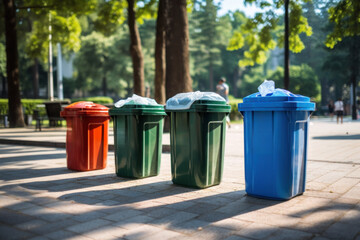 A row of trash cans neatly lined up on a sidewalk, showcasing the importance of proper waste disposal