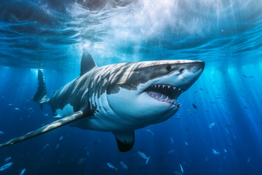 Haifisch, Wei&szlig;er Hai schwimmt im Meer, Generative AI