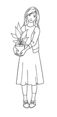 Hand-drawn vector illustration. Girl with plant. Black and white images on white background.