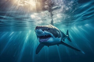 Fototapeta premium Haifisch, Weißer Hai schwimmt im Meer, Generative AI