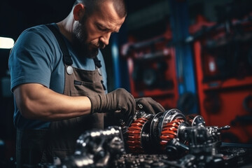 Fototapeta na wymiar auto mechanic repairs an automobile unit, gearbox, generator, ca