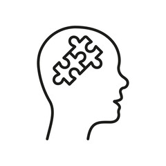 Person's Brain and Jigsaw, Creation Idea Concept Linear Pictogram. Solution in Human Head Line Icon. Thinking Intellectual Process Outline Symbol. Editable Stroke. Isolated Vector Illustration