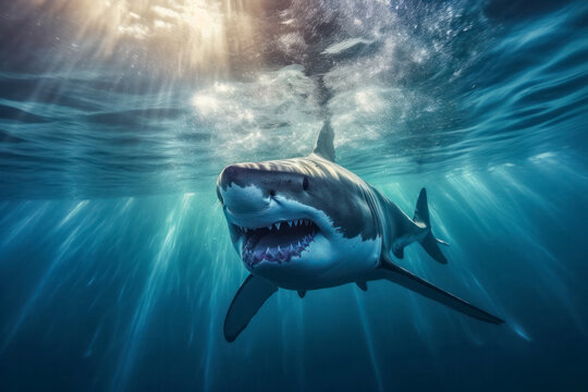 Haifisch, Wei&szlig;er Hai schwimmt im Meer, Generative AI