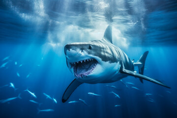 Fototapeta premium Haifisch, Weißer Hai schwimmt im Meer, Generative AI