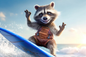 A cute raccoon making surf in the beach at summertime Generative AI Illustration - obrazy, fototapety, plakaty