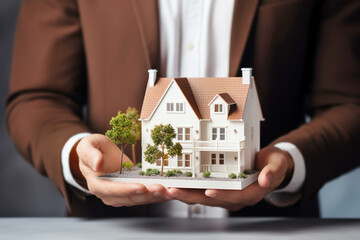 Businessman holding model house Close up. Loan, investment or Home insurance concept