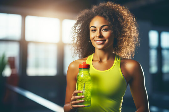 Beautiful young fit woman with a bottle of sports drink after training in the gym